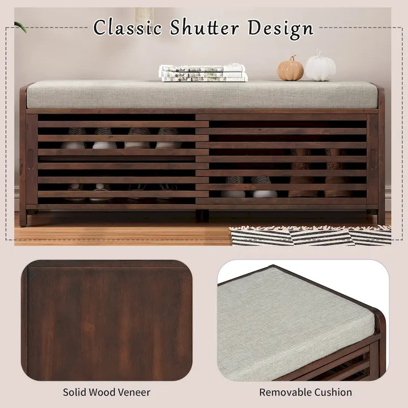 Distressed Shutter Shoe Bench with Storage & Cushion