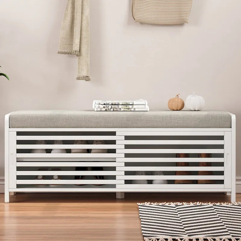 Distressed Shutter Shoe Bench with Storage & Cushion
