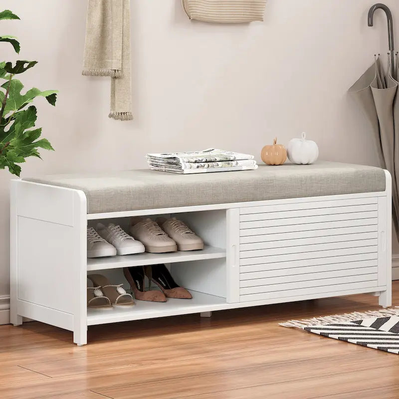 Distressed Shutter Shoe Bench with Storage & Cushion