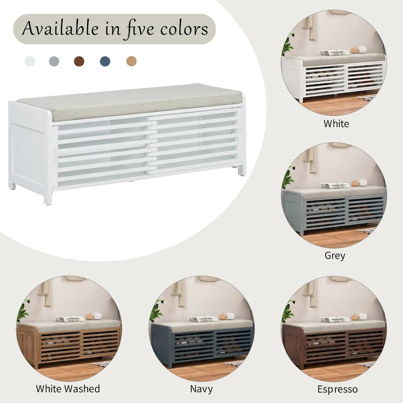 Distressed Shutter Shoe Bench with Storage & Cushion
