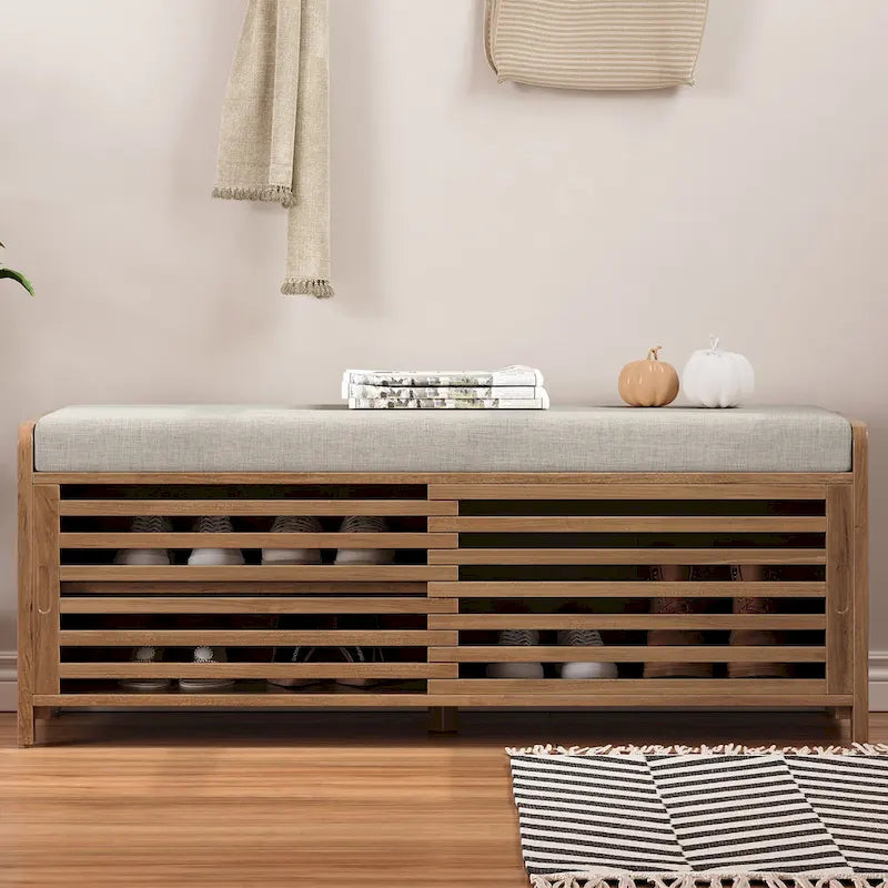Distressed Shutter Shoe Bench with Storage & Cushion