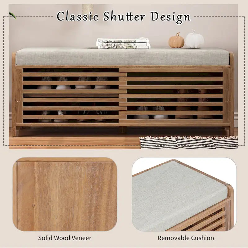 Distressed Shutter Shoe Bench with Storage & Cushion