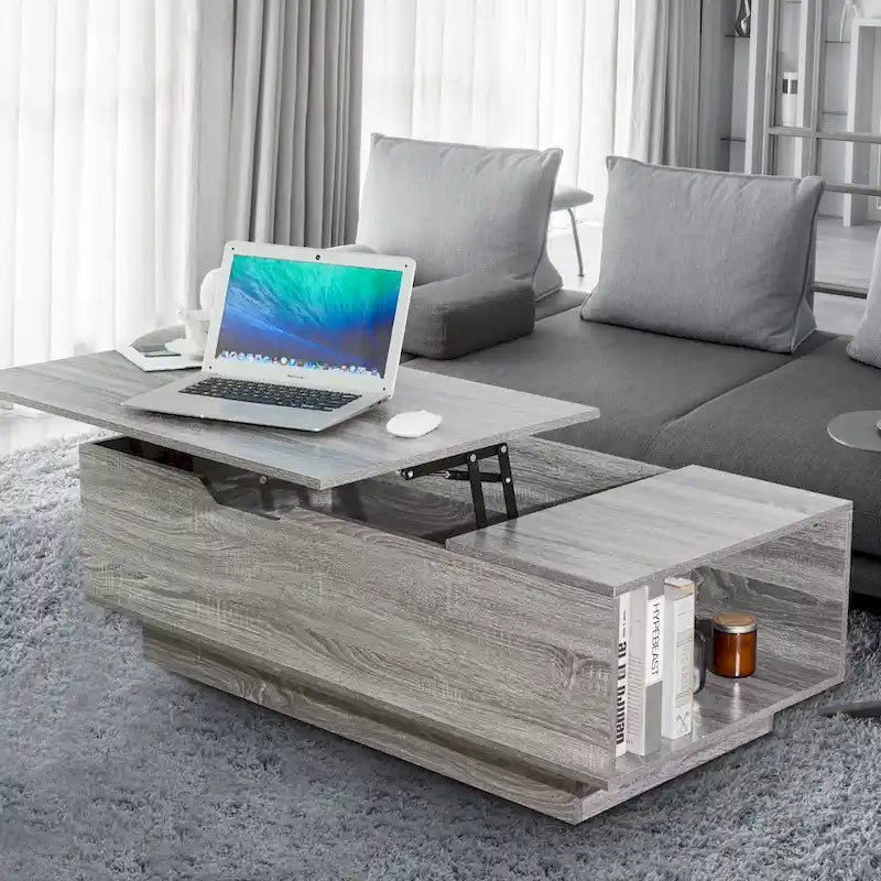 New Adjustable Top Coffee Table in Walnut or Grey, Rectangle Living Room Desk with Storage