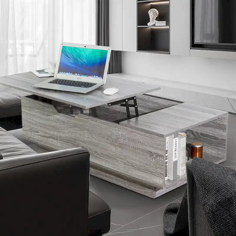 New Adjustable Top Coffee Table in Walnut or Grey, Rectangle Living Room Desk with Storage