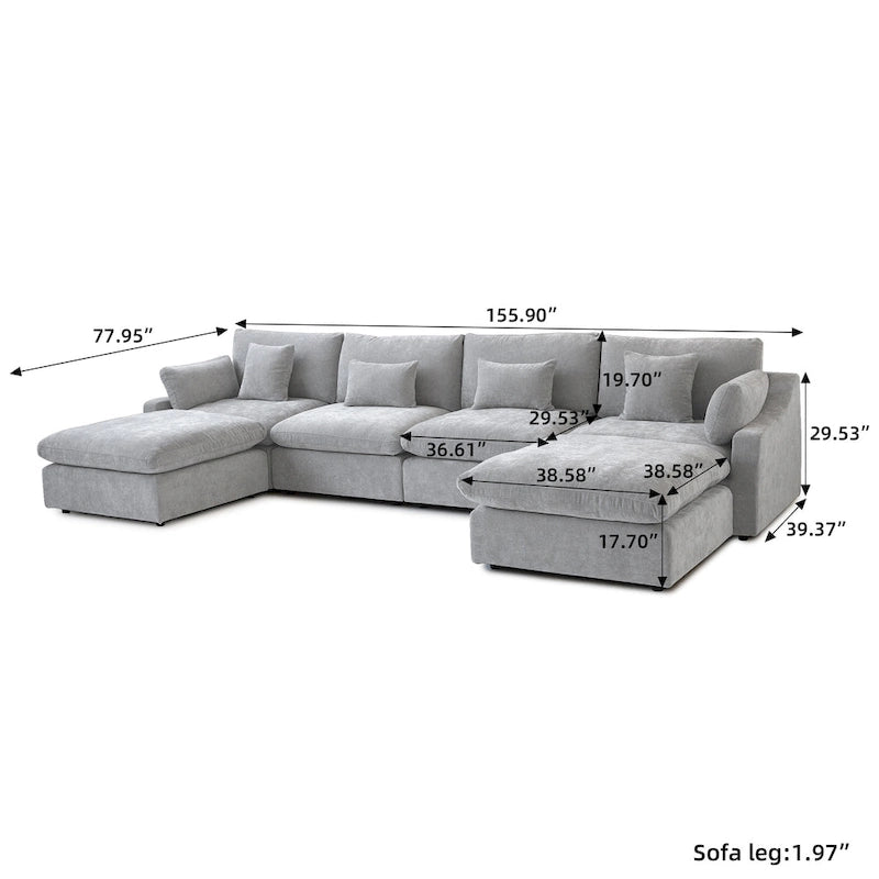 Minimalist Linen Sectional Sofa Down Filled Cloud Couch, U-Shape Deep Seat Couch with Cushions