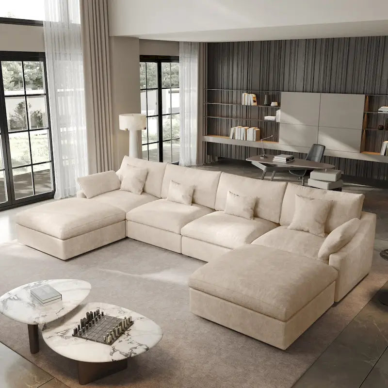 Minimalist Linen Sectional Sofa Down Filled Cloud Couch, U-Shape Deep Seat Couch with Cushions