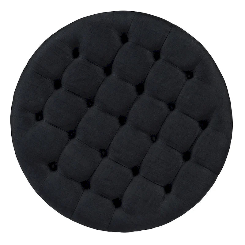 Modern Round Coffee Table 2 Tier Button Tufted Footstool with Wooden Shelf Storage Upholstered and Wheels for Living Room