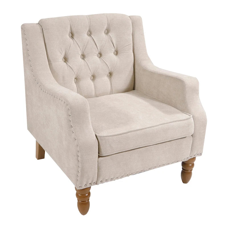 Linen Upholstered Accent Chair with Solid Wood Legs,Mid-Century Modern Single Lounge Sofa Chair for Living Room and Bedroom