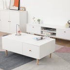 Minimalist Cream White TV Stand with 2 Storage Cabinets and 4 Solid Wood Legs for Living Room, Home Theater or Apartment