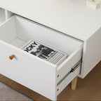 Minimalist Cream White TV Stand with 2 Storage Cabinets and 4 Solid Wood Legs for Living Room, Home Theater or Apartment