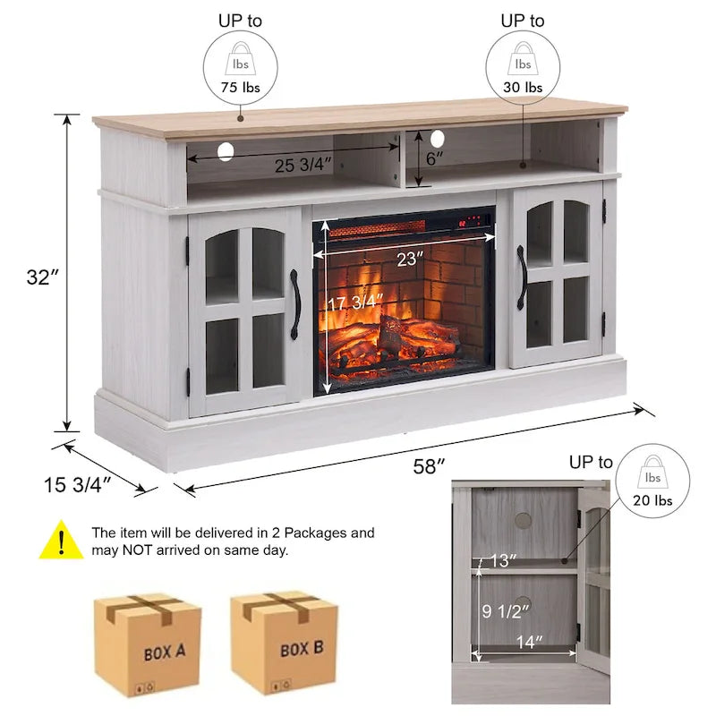 Modern Simple TV Stand with 2 Storage Cabinets and Electric Fireplace for Living Room Home Theater and Bedroom