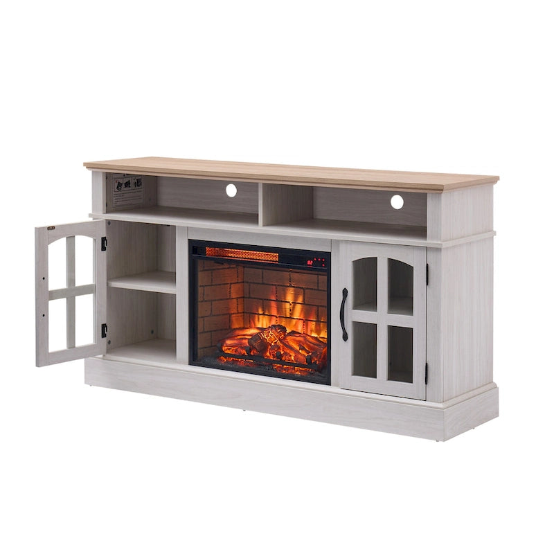 Modern Simple TV Stand with 2 Storage Cabinets and Electric Fireplace for Living Room Home Theater and Bedroom
