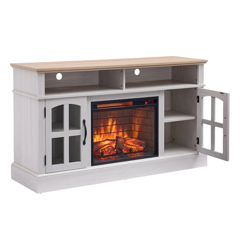 Modern Simple TV Stand with 2 Storage Cabinets and Electric Fireplace for Living Room Home Theater and Bedroom