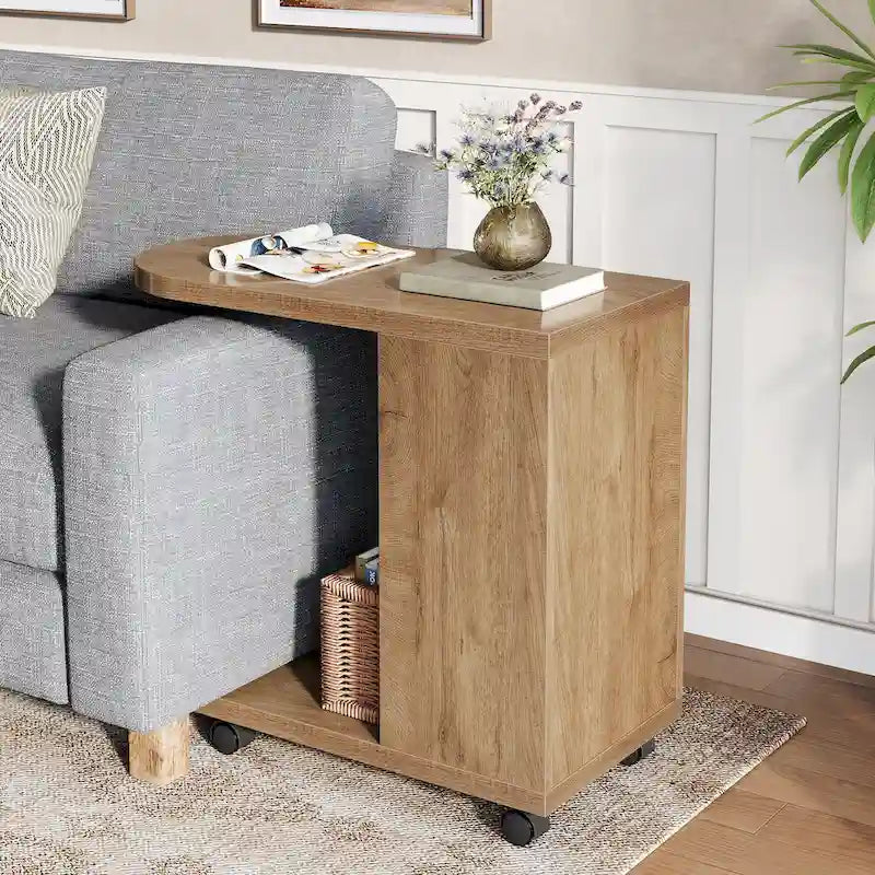 C Shaped Sofa Side Table, Mobile End Table with Storage