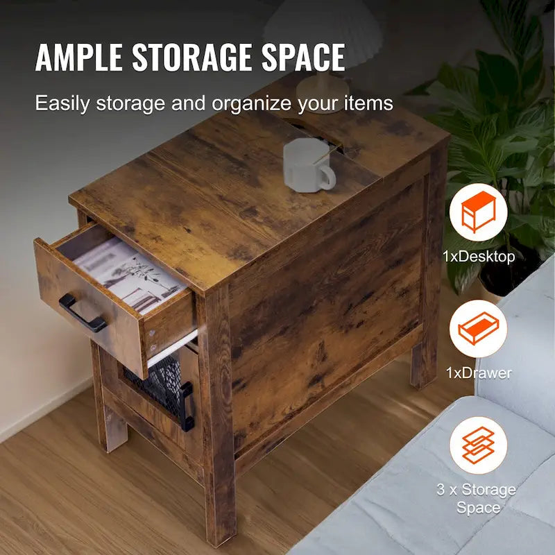Natural Wood Particle Board End Table with Drawer and Power Strip - 23.98 L x 14.02 W x 24.02 H