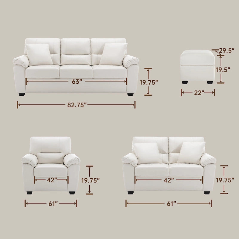 Upholstered Living Room Set, 4 Pieces - Faux Leather Chair, Loveseat, sofa with Ottoman