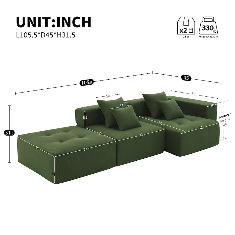 L Shaped Modular Cloud Sofa, Sectional Corduroy Couch