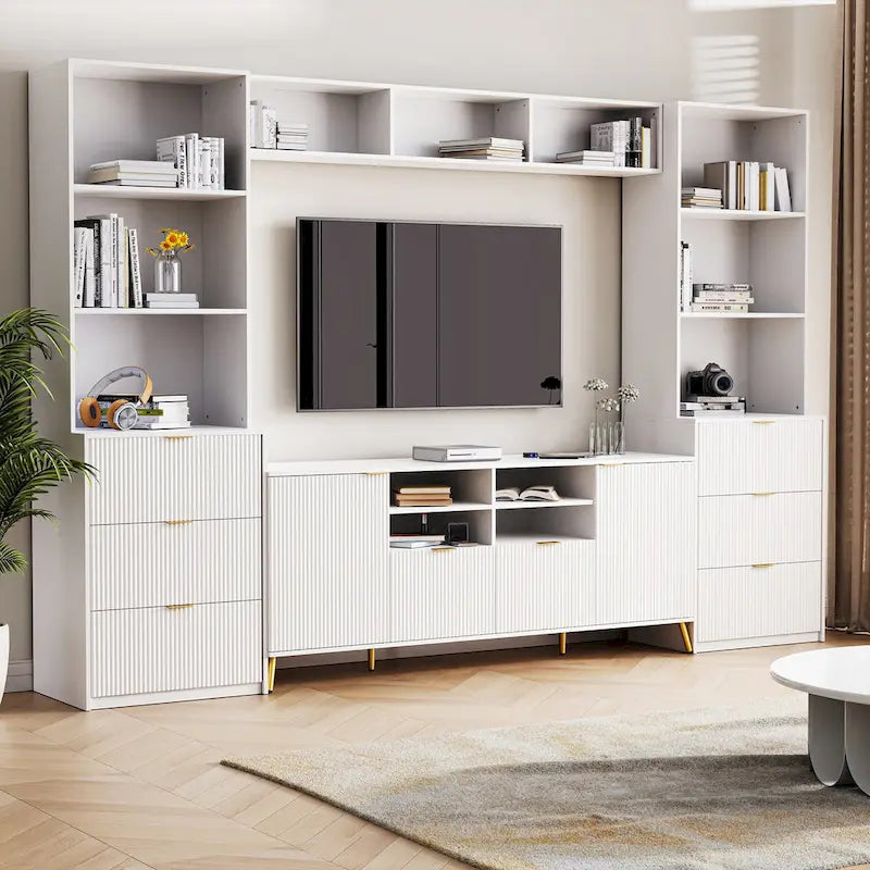 Large Entertainment Wall Unit w/ Large Storage Wall Mounted TV Stand w/ Open Bookshelf Media Cabinet for TVs Up to 70