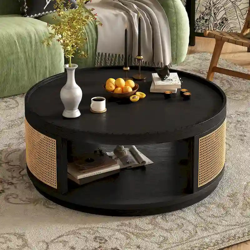 36.8 Wooden Mid-Century Modern Coffee Table, Round Cane Coffee Table with PE Rattan Side