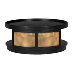 36.8 Wooden Mid-Century Modern Coffee Table, Round Cane Coffee Table with PE Rattan Side