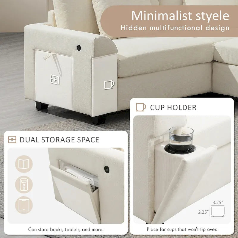 128 Chenille U-Shaped Sectional Sofa with Storage & USB