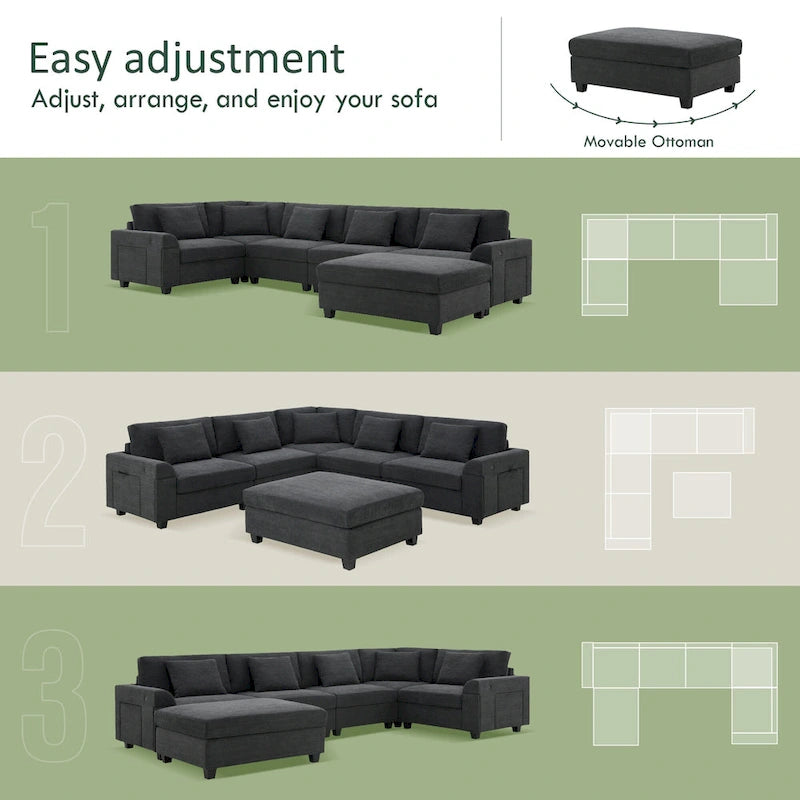 128 Chenille U-Shaped Sectional Sofa with Storage & USB