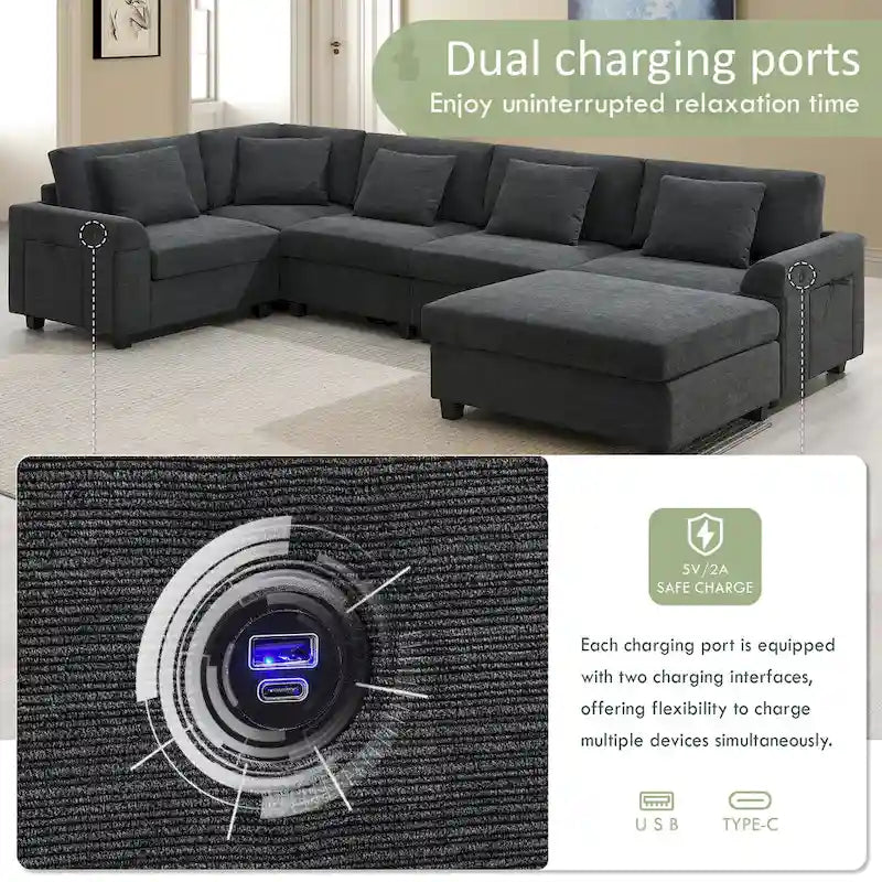 128 Chenille U-Shaped Sectional Sofa with Storage & USB