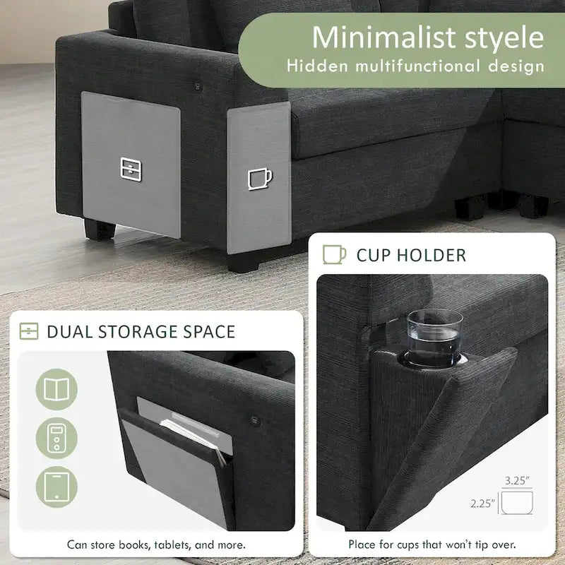 128 Chenille U-Shaped Sectional Sofa with Storage & USB