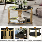 31.5 Tempered Glass Coffee Table with Asymmetrical Metal Design and Lower Shelf