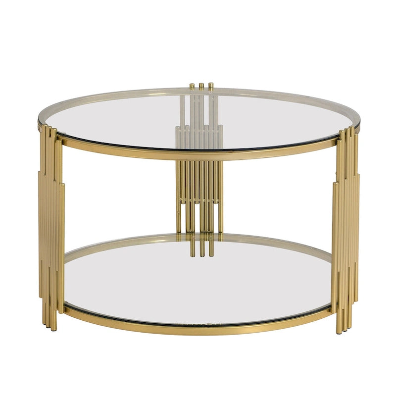 31.5 Tempered Glass Coffee Table with Asymmetrical Metal Design and Lower Shelf