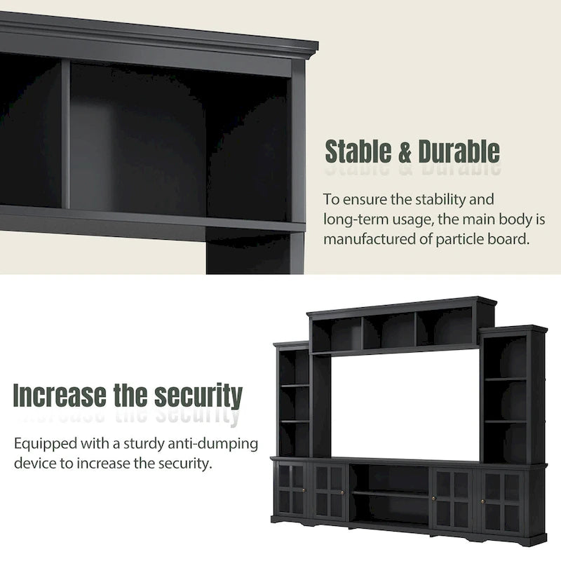 Entertainment Wall Unit with Bridge, Tempered Glass Doors for TVs Up to 70