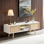 55.12 TV Stand with Double Sliding Doors, Solid Wood Legs and Adjustable Shelf for Living Room