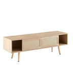 55.12 TV Stand with Double Sliding Doors, Solid Wood Legs and Adjustable Shelf for Living Room