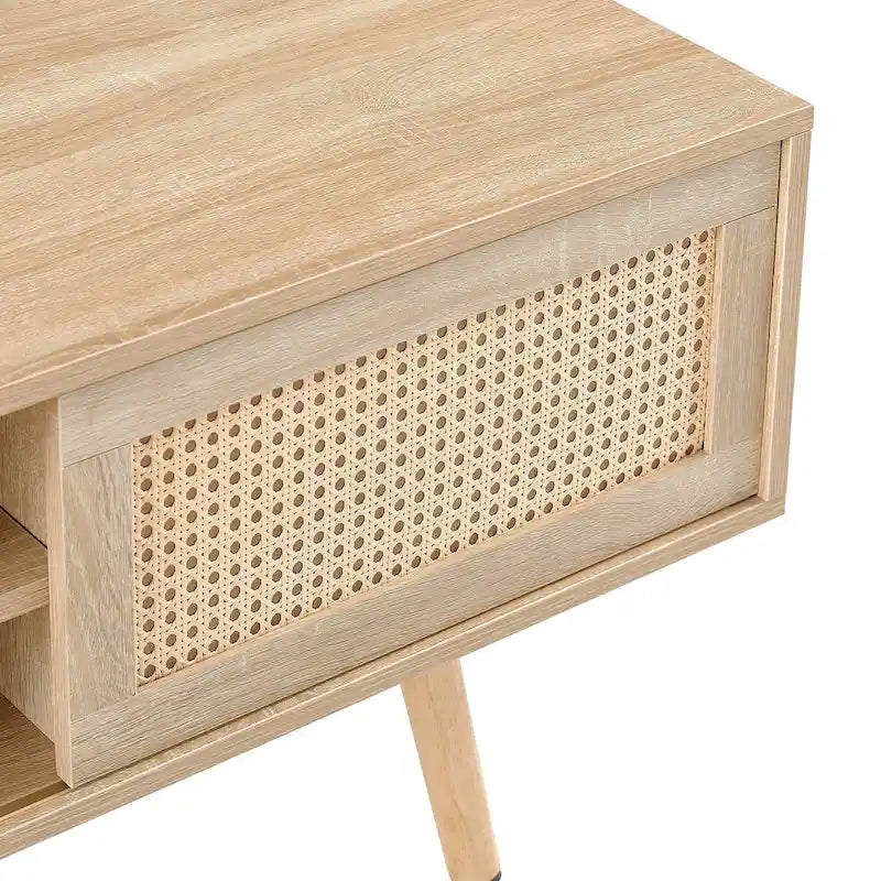 55.12 TV Stand with Double Sliding Doors, Solid Wood Legs and Adjustable Shelf for Living Room