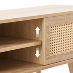 55.12 TV Stand with Double Sliding Doors, Solid Wood Legs and Adjustable Shelf for Living Room