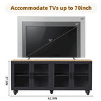 Black + Dark Walnut Farmhouse TV Entertainment Center with Bookshelves & Tempered Glass Doors for TVs Up to 70