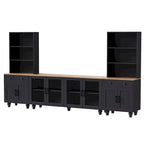 Black + Dark Walnut Farmhouse TV Entertainment Center with Bookshelves & Tempered Glass Doors for TVs Up to 70