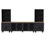 Black + Dark Walnut Farmhouse TV Entertainment Center with Bookshelves & Tempered Glass Doors for TVs Up to 70