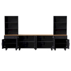 Black + Dark Walnut Farmhouse TV Entertainment Center with Bookshelves & Tempered Glass Doors for TVs Up to 70