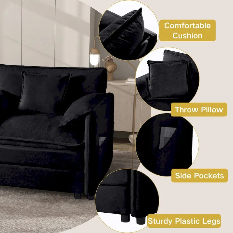 Chenille Modular Armchair with Storage Pockets & Toss Pillow