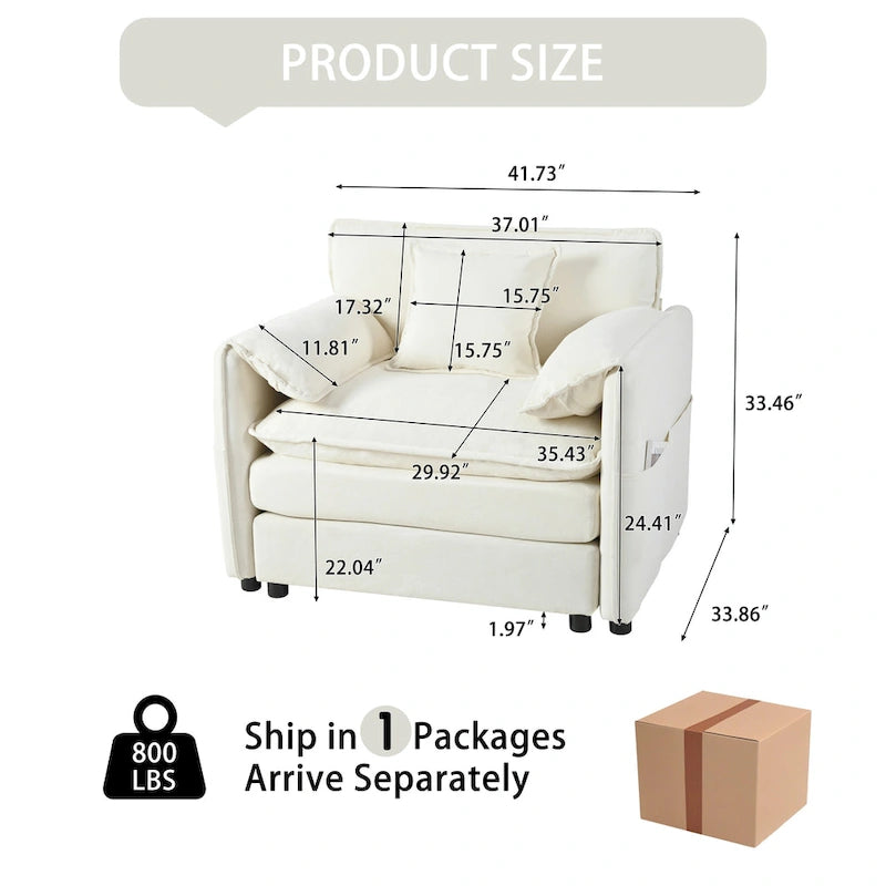 Chenille Modular Armchair with Storage Pockets & Toss Pillow