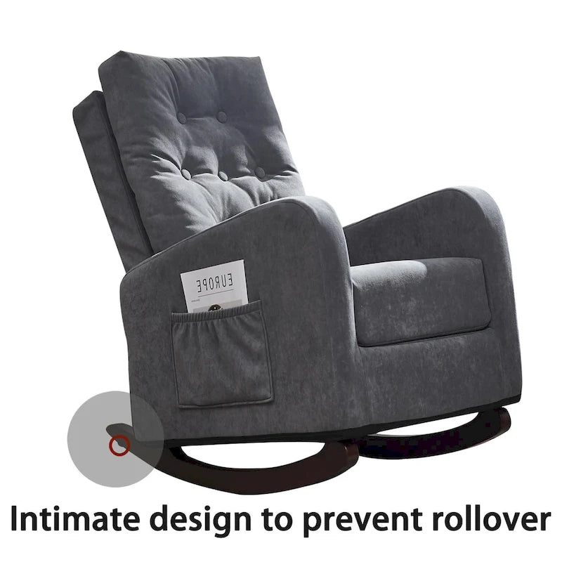Modern 28.74 High Back Upholstered Buttons Tufted Rocking Chair with Solid Wood Legs and Side Pocket