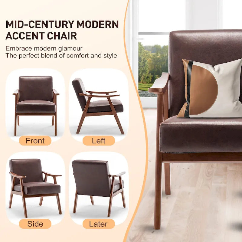 Dark Brown Modern 26 Accent Chair with Solid Wood Frame and Extra-Thick Backrest