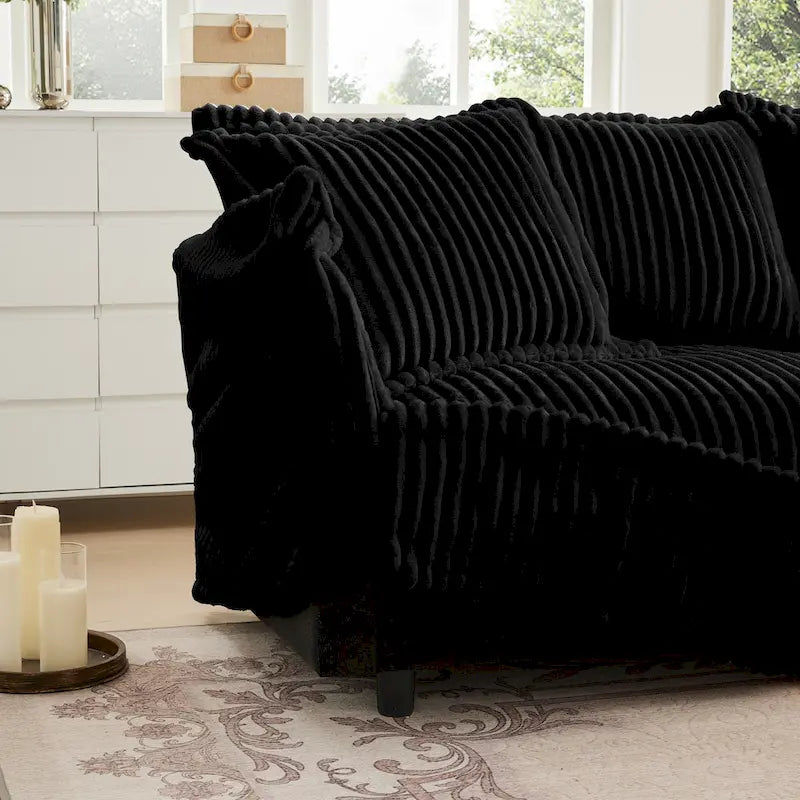 Corduroy Slipcovered L-Shaped Sectional Sofa with Deep Seats, 4-Seater Couch with Supple Armrests and 2 Big Pillows