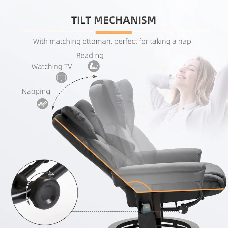 Black Faux Leather 360 Swivel Manual Recliner Set with Ottoman, 10 Vibration Massage Points, Side Pocket
