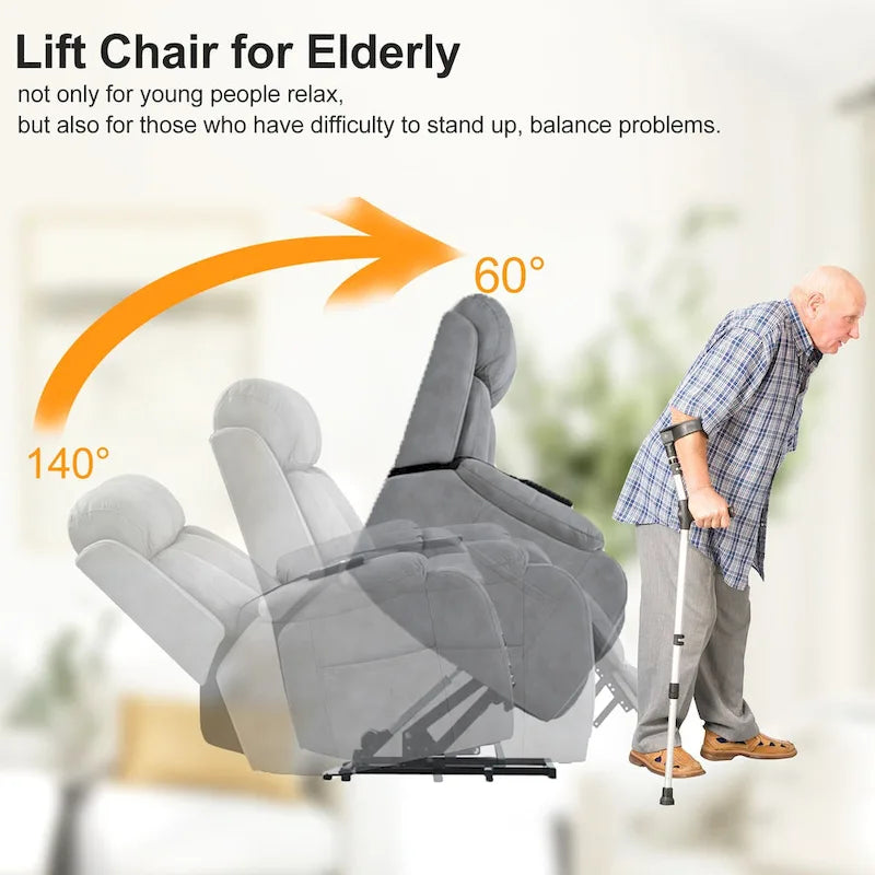 Grey Wide Seat Power Lift Recliner for Seniors with Remote Control, Side Pocket, and Adjustable Recline Options
