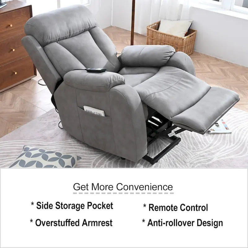 Grey Wide Seat Power Lift Recliner for Seniors with Remote Control, Side Pocket, and Adjustable Recline Options