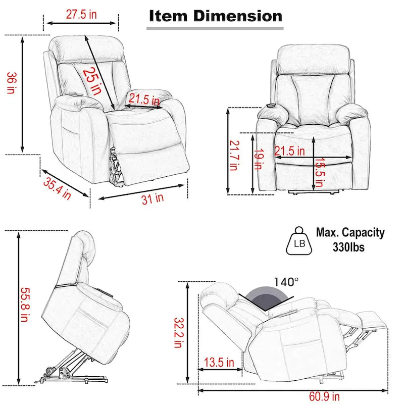 Grey Wide Seat Power Lift Recliner for Seniors with Remote Control, Side Pocket, and Adjustable Recline Options