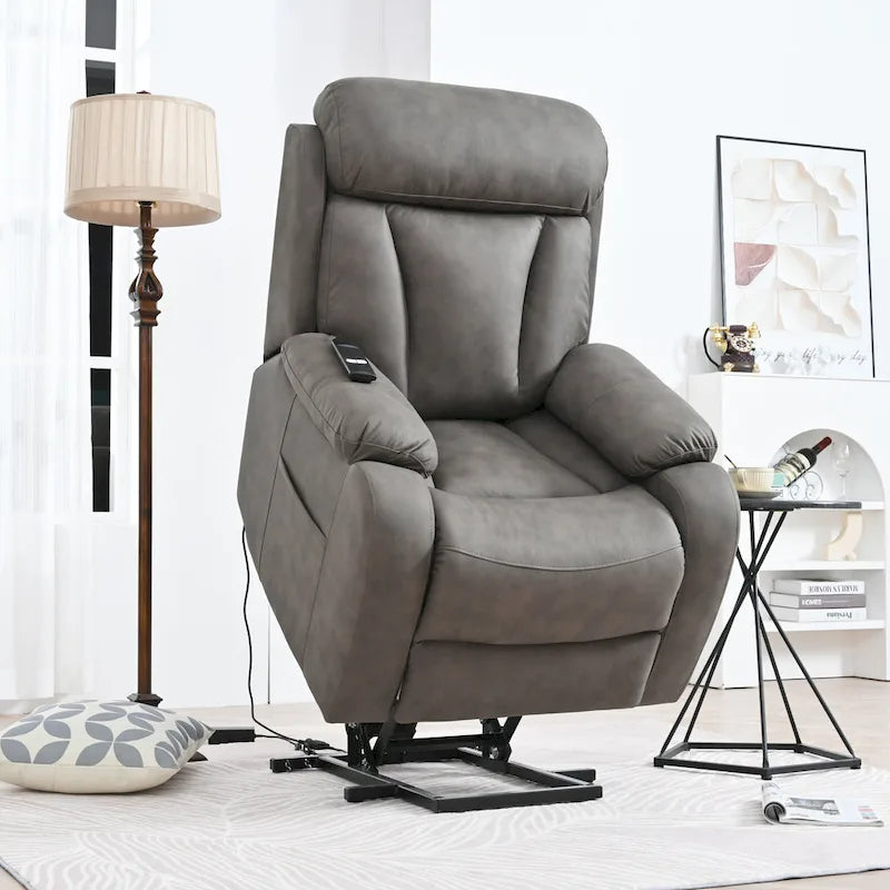 Grey Wide Seat Power Lift Recliner for Seniors with Remote Control, Side Pocket, and Adjustable Recline Options