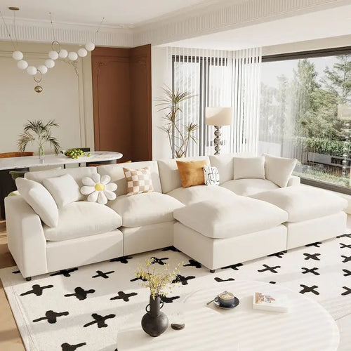 Beige 134.40 Modern U-Shaped 6 Seater Sectional Sofa with 2 Large Chaises, Removable Ottomans and Soft Cushions